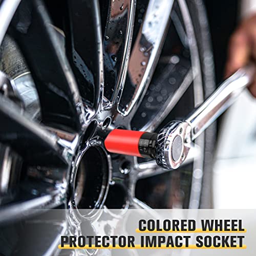 BOEN 1/2" Drive Wheel Protector Impact Socket, Non-Marring Lug Nut Thin Wall Deep Socket Set, CR-MO, 6 Point, Color-Coded Protective Socket | Metric 17 19 21 mm | SAE 13/16 7/8 inch (5 PCS) - size: 5-Piece Metric/SAE