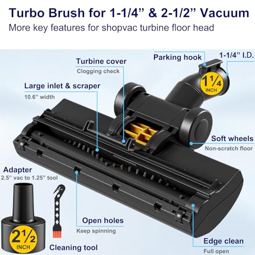 Portek Air-Driven Turbo Brush Attachment for Shop Vac Wet Dry Vacuum Cleaners, 1-1/4 and 2-1/2 Inch, Non-Electric Floor Head for Pet Hair and Debris Removal from Carpets Area Rugs Hard Floors