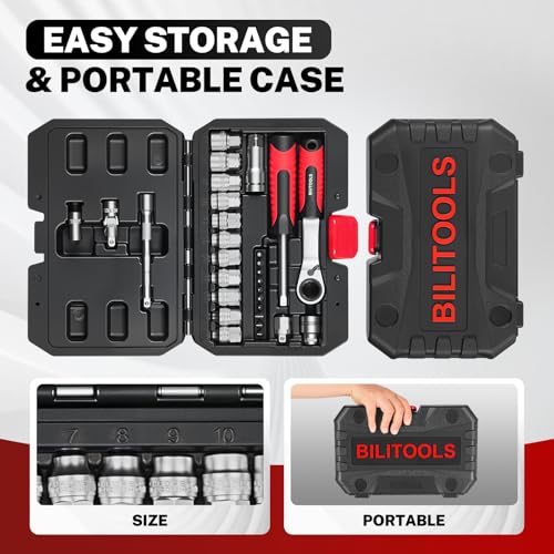 BILITOOLS 29PCS 1/4" Pass Through Socket Set with Spline Sockets & Bits | Small Pass Thru Go Through Ratchet Mechanics Tools Set for Tight Spaces, Low Profile 72-Tooth Wrench - style: 29-Piece Pass Through Socket Set