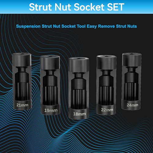 Suspension Strut Socket Tool,5PC Strut Nut Socket 18mm 19mm 21mm 22mm 24mm with 12 Point 1/2" Drive, Easy Remove Strut Nuts - color: 5pc 18/19/21/22/24mm