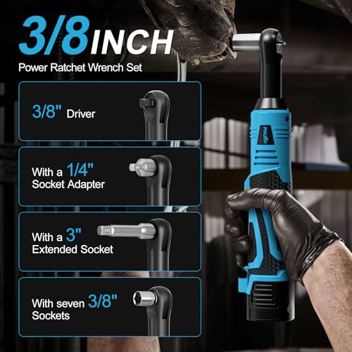 FULLYEA Cordless Electric Ratchet Wrench Set, 16.8V 3/8 cordless ratchet, 550 RPM, Variable Speed Power Ratchet Tool Kit with 2 * 2.0Ah Battery, 1/4" Adapter & 3" Extension Bar(Blue)
