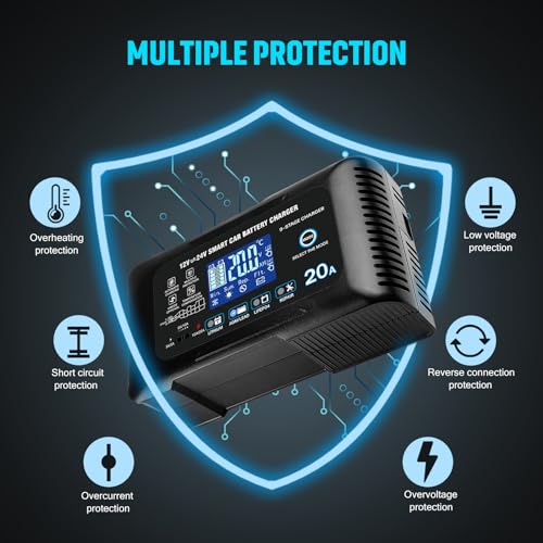 20Amp: 12/24V Smart Car Battery Charger – Automatic Maintainer, Trickle Charger & Desulfator with Overcharge Protection & Temperature Compensation – for Lead-Acid & Lithium & LiFePO4 Batteries - color: Black
