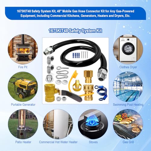 1675KIT48 Commercial Gas Hose Connector Kit, 48" Mobile Gas Line kit with 3/4" Quick Disconnect, Full Port Gas Valve & Flex Hose, Quick Connect Safety System for Commercial Kitchen Equipment
