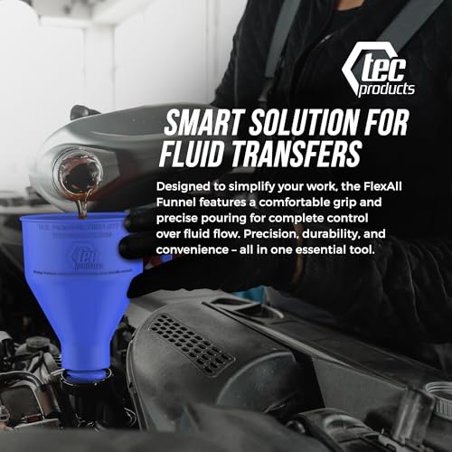 TEC Products FlexAll Long Flexible Funnels - Automotive Oil Funnel with Hose, Durable Nitrile Rubber for Oil Change, Transmission Funnel Fluid, Diesel, Fuel, Gas - Made in USA - Blue (12 x 4 Inches) - color: Blue, size: Small