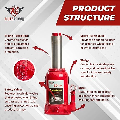 BullsArmor Hydraulic Bottle Jack - 20 Ton (40,000 lb) Capacity - Welded Heavy-Duty Design with Extended Pump Handle - Ideal for Cars, Trucks, RVs, and Industrial Use - Red - size: 20 Ton