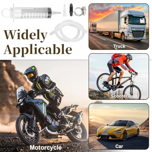 Motorcycle Brake Bleeder Kit, 100ml Pump Hydraulic Disc Bleeding Tool | 50cm hose & fittings. Compatible with motorcycles, cars & scooters. Reverse brake fluid flush. Easy one-person use.