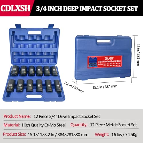 3/4 Inch Drive Impact Socket Set, 12 Pcs Metric Deep Impact Sockets | Standard 6-Point Metric Socket Set(24mm-41mm), Cr-Mo Steel, Overall Heat Treatment for Vehicle and Equipment Repair - style: zxttgj-3/4-12PC-Metric Socket