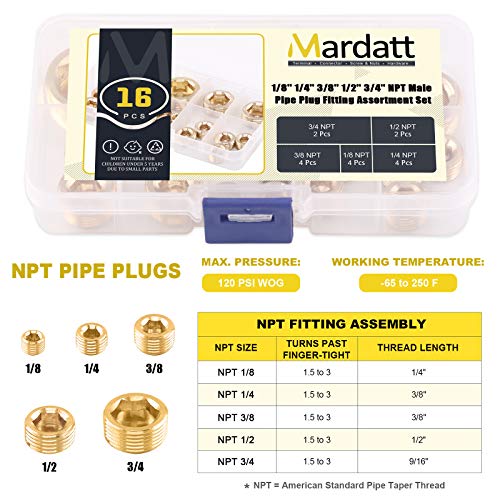 16Pcs 5 Sizes Brass NPT Plug Assortment Kit, 1/8" 1/4" 3/8" 1/2" 3/4" Internal Hex Counter Sunk Pipe Fitting Male Thread Pipe Plug Set