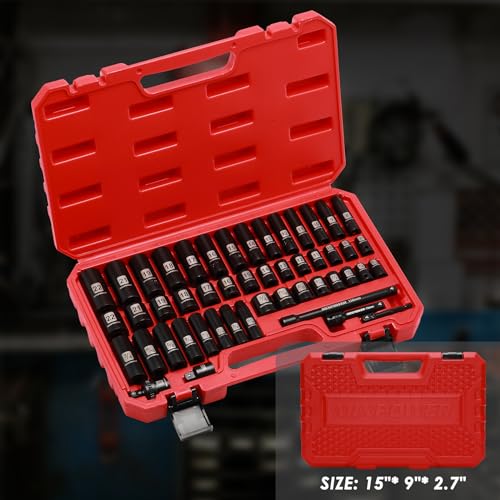 MIXPOWER 3/8" Drive Deep Impact Socket Set, 6 Point, 49 Piece Standard SAE and Metric Sizes-5/16-Inch to 3/4-Inch and 8-22 mm, 3/8'' impact universal joint, Cr-V Steel Mechanic Socket Set - size: 3/8" With Accessories