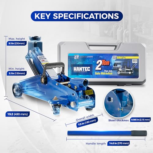 Hantec - 2 Ton Hydraulic Floor Jack - Trolley Lift with Safety Valve, Swivel Wheels, and Hard Carrying Case - 4,400 lbs Capacity - Blue