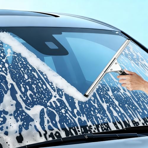 14-Inch Shower Squeegee for Glass Doors, Windows and Mirrors, Stainless Steel Bathroom Water Wiper with Flexible Blade and Ergonomic Handle - color: Black+silver