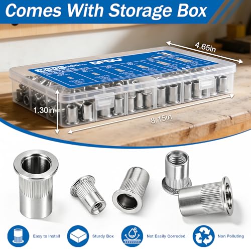 360Pcs Rivet Nut Assortment Kit, Metric Rivnut Set M3 M4 M5 M6 M8 M10 304 Stainless Steel Nutsert Flat Head Knurled Body Threaded Inserts for Metal, Automotive, Furniture - size: SS Metric kits 360pcs