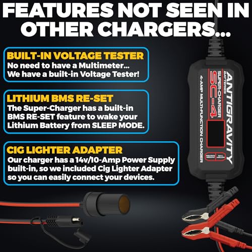 Antigravity SC-4 Super-Charger 4A Smart Battery Charger & Maintainer for 6V/12V Lithium (LiFePO4) & 12V Lead-Acid Batteries – Wall-Powered, LCD Display, Voltage Tester, BMS Reset