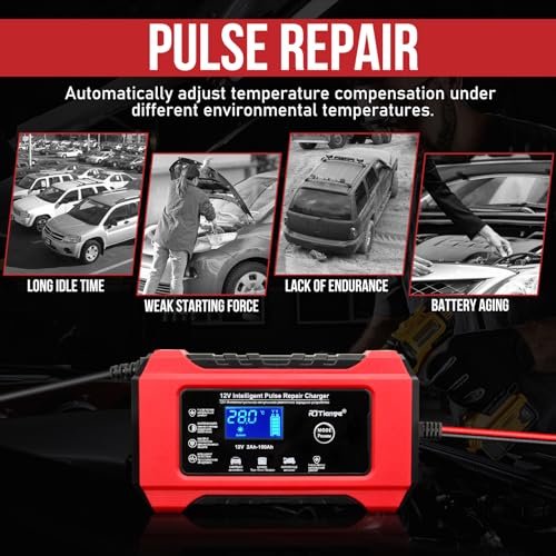 Car Battery Charger-10-Amp 12V and 24V Fully-Automatic Smart Car Battery Charger,Maintainer Trickle Charger for Car Truck Motorcycle Lawn Mower Marine Lead Acid Batteries, Red