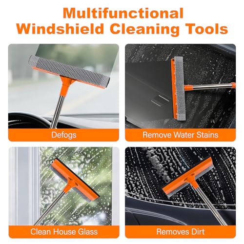 2 in 1 Car Windshield Squeegees with 15.3"-23.6" Retractable Stainless Steel Handle, Windshield Cleaner Tool for Cars, Trucks, Glass Doors, Shower Glass, Outdoor Windows, Orange
