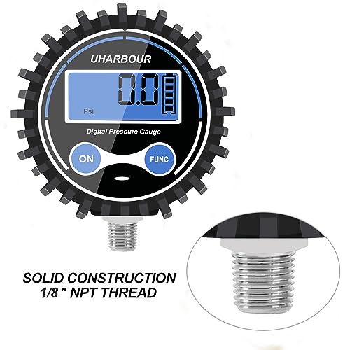 UHARBOUR Digital Air Pressure Gauge 5-200 PSI Digital Pressure Gauge 1/8" NPT, 2-1/2" Dial Size Auto Shut Off Air Pressure Gauge with Protective Case - size: 200PSI
