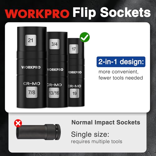 WORKPRO 4PCS Impact Socket Set 1/2" Drive, Lug Nut Socket Set, Wheel Socket Set Cr-Mo Steel, Includes 1PC 3" Extension Bar & 3PCS Flip Sockets of 6 Metric and SAE Sizes - size: 4pcs Flip Socket Set