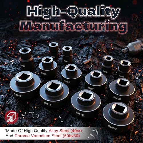 KJE 13PCS Spindle Nut Socket Set for Remove Ball Joints Axle Nut, Spanner Socket Set for KM Groove Nuts, 21.5mm-36mm-83.5mm, 4 Teeth Exterior with 1/2'' Drive, Compatible with GM, Ford, Dodge, GMC