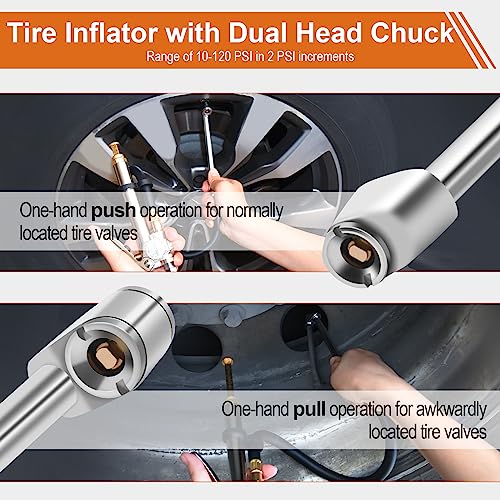 SAFELIFE Tire Inflator 10-120 PSI Tire Pressure Gauge with 18Inch Air Hose,Lock on Air Chuck, Heavy Duty 1/4'' NPT Tire Inflator Gauge Compatible with Air Pump Compressor for Car Truck Motorcycle Bike - size: 18" hose tire inflator gauge