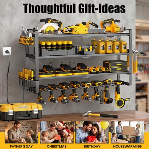 MOOMSINE Large Power Tool Organizer Wall Mount with Charging Station for Garage, 400lbs Metal Storage Rack with 8 Cordless Drill Holder, 4 Tier Heavy Duty Battery Tool Shelf with 5 Outlet Power Strip - size: 32 Inch(4 Tier Power Station)