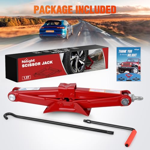 Nilight Scissor Jack for Car 1.5 Ton (3307 lbs), Heavy Duty Steel Scissor Lift Jack Car Kit with Crank Handle for Sedan SUV MPV Tire Changing, 3.18''-13.6'' Lifting Range Portable Small Jack, Red - size: 1.5T with Crank Handle, Red