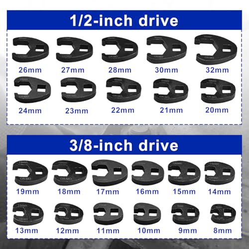 LainKeen 25pcs Crows Foot Wrench Set 1/2" and 3/8” Drive Flare Nut Crowfoot Set Metric 8-32mm 6 Point Crows Feet Wrenches with Extension Bar, Wrench Kit for Removing Nuts from Hard-to-Reach Areas