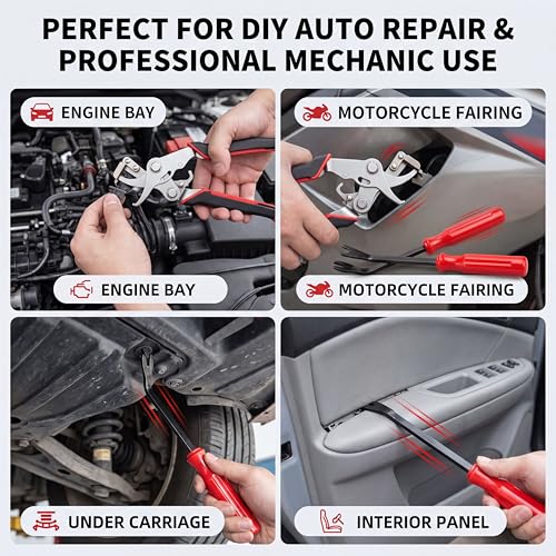 Car Clip Pliers, Auto Trim Removal Tool Set with 2Pcs Stainless Steel Fastener Remover, Labor-Saving Spring Lever Pliers for Car Interior, Door Panel, Dashboard, Plastic Clips, Buckles & Rivets