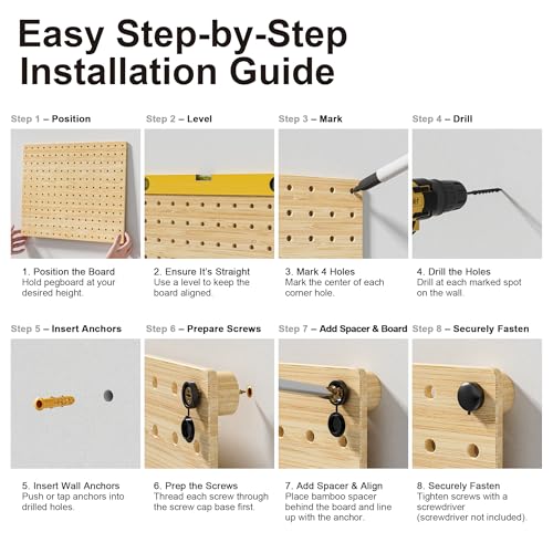 VOIMO Bamboo Pegboard Wall Organizer, 4 Panels, 16 x 12 in, 35 Hooks | Wall-mounted storage for tools, craft supplies, office essentials, kitchen accessories, and small hardware for garage use - size: 16'' X 12'' (4 Panels)