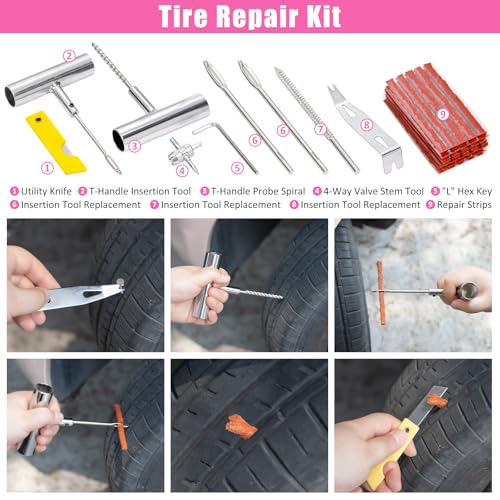 Car Roadside Emergency Kit, Vehicle Truck Safety Emergency Road Side Assistance Kits with Jumper Cables, Pink - color: Pink, size: 91pcs