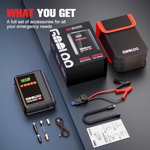 GOOLOO A2 Jump Starter with Air Compressor (2000A & 150 PSI) - 12V Vehicle | Supersafe Battery Jumper Starter Portable - Jump Box- Auto-Shutoff Tire Inflator - LED Light - For Up to 8L Gas/6L Diesel