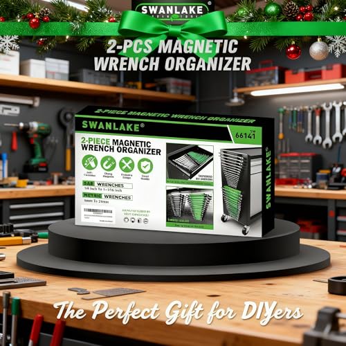 Magnetic Wrench Organizer 2-Piece, 32-Slot Drawer Storage, SAE (1/4" to 1-1/16"), Metric (6mm to 24mm), Green and Black - color: 32-Slot Green&Black