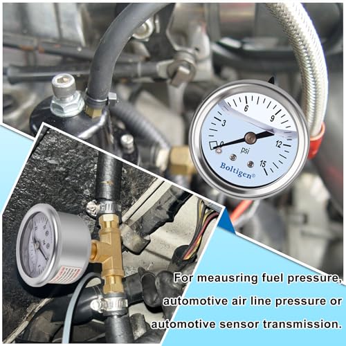 Boltigen Fuel Pressure Gauge, 0-15psi Fuel Pressure Gauge Kit, Glycerin Filled Fuel Pressure Regulator with Gauge for Car, 1/8'' NPT Inline Fuel Pressure Guage with 3/8'' 5/16'' Barb - color: White