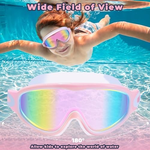 Keary 2 Pack Kids Swim Goggles for 3-15 UV Protection Anti-Fog Pool Water Swimming Goggles for Boys Girls Youth Toddler - color: Pink Mirrored & Cyan Blue