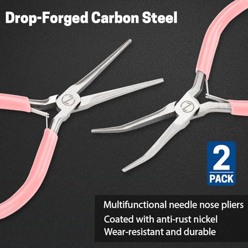 VISEMAN 6" Mini Needle Nose Pliers, 2PCS Pink Long Nose Pliers Set | with Comfort Handles for Handmade Craft - style: Pink (Straight + 45-Degree Bent)