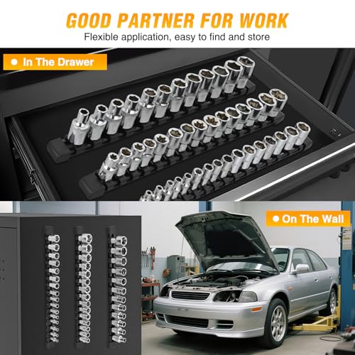 GOOACC Socket Organizer ABS Socket Holder Set 1/4" 3/8" 1/2" Drive Socket Rail Holders Stores up 43 Clips Impact Sockets Organizers Rails for Tool Box Drawer, 3 Piece Black - size: Clip Rail 3PC 1/4"3/8"1/2" Black