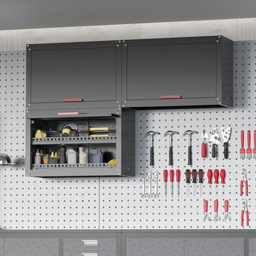 Kelueo Metal Garage Wall Cabinet,Storage Cabinet with Up Flip Door Design Wall Garage Cabinet with Adjustable Shelf and Magnetic System,Tool Cabinet with Anti-Fall Rails for Basement - size: 30"W- Up Flip Door