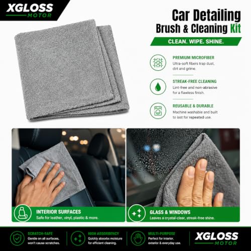 XGloss Motor™ 19-Piece Car Detailing Brush & Cleaning Kit – Drill Brush Set, Detail Brushes, Wheel Brushes, Wash Mitt, Towel, Vent & Dusting Brushes, Applicator Pad & Storage Bag