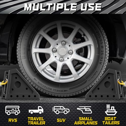 4 Pack Heavy Duty Wheel Chocks with 39" Rope, Rubber Wheel Chocks for Trailers, RV, Cars, Trucks, and ATV