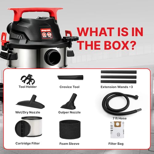 Shop-Vac 5430162 Wet/Dry Vacuum, 5 Gallon | 4 Peak HP, 1-1/4 Inch Diameter x 7 Foot Hose, 6 Foot Cord, Ideal for Jobsite, Garage, Workshop & Home