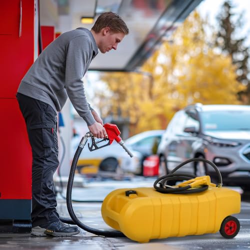 15 Gallon Gas Can, Fuel Tank Container with LE Fluid Transfer Manual Siphon Pump & 10FT Hose, Portable Diesel Gas Storage Caddy with Wheels for Car, ATV, Weeder, Boat, etc., Yellow - color: Yellow