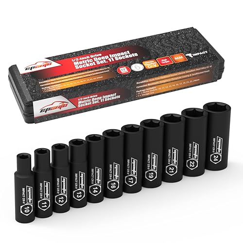 EPAuto 1/2-Inch Drive Metric Deep Impact Socket Set, 6 Points, 11 Sockets | 1/2-Inch Cr-V, 6 Points, 11 Sockets