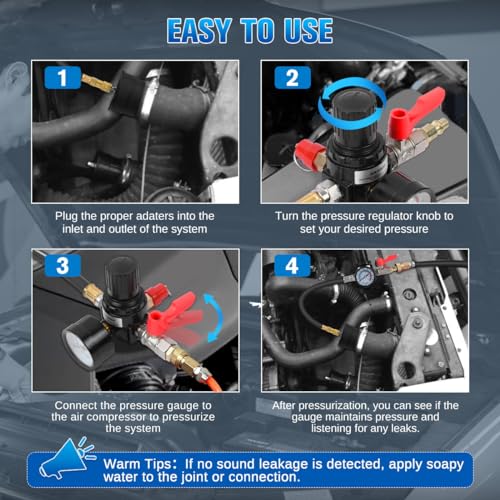 Turbo Boost Leak Tester Kit 10PC Boost Leak Tester Automotive Well-sealed Turbo/Emission/Cooling System Pressure Leakage Tester with 4 Pairs of Stepped Adapters 1-3/8" to 3-1/2", US & EU Air Fitting - style: 10PCS