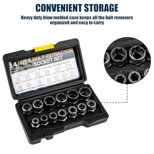 Bolt Extractor Kit, 14Pcs Cr-Mo Steel Bolt Extractor Set, 3/8" Drive Impact Bolt & Nut Remover Socket Tool Kit, Stripped For Damaged, Frozen, Studs, Rusted, Rounded-Off Bolts, Nuts & Screws