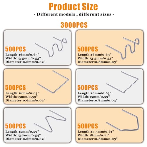 3000PCS Plastic Bumper Repair Kit - 6 Types Hot Stapler Staples 0.6丨0.8mm for Plastic Welding Projects