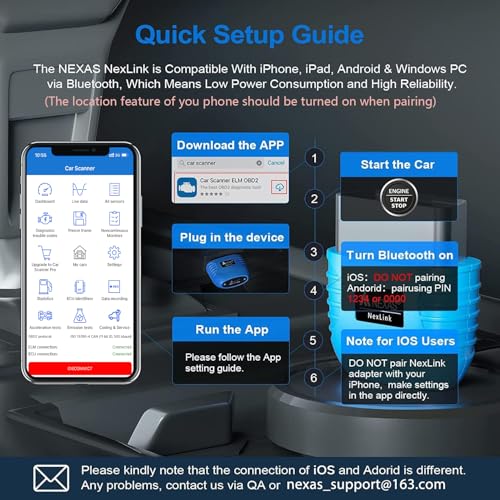 NEXAS NexLINK Bluetooth OBD2 Scanner with Live Data for All US Cars | Reads & Clear Check Engine Light, Performance Test, Bluetooth Wireless Connection For iPhone and Android, Lifetime Updates - size: obd2 scanner