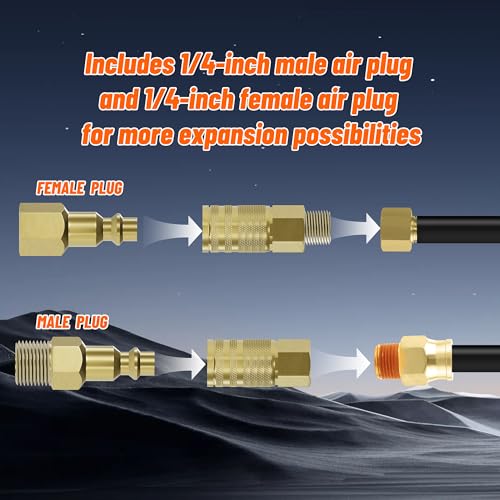 Truck Tire Inflator Kit, 3/8" x 50 ft Hybrid Air Hose with 1/2" Universal Gladhand Connection & 1/4" Dual Foot Chuck & Air Plug, Air Hose Tire Inflator Kit for Semi Truck (350psi max working pressure)