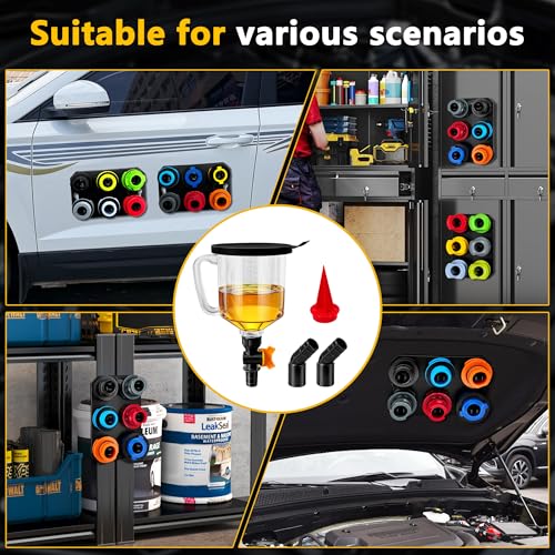18 Pack No Spill Engine Oil Funnel Kit,1.59QT/1.5L Automotive Oil Funnel Set, 2 Magnetic Adapter Organizer Boards 12 Adapters Compatible with GM, Ford, BMW, Audi, Land Rover Etc