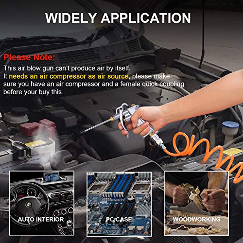 Air Blow Gun w/Copper Adjustable Air Flow Nozzle & 2 Steel Extension | Powerful Air Flow, All-Metal Build, Adjustable Air Flow Nozzle, Metal Hanging Hook, 2 Airflow Extension Tubes for Tight Areas - color: Silvery