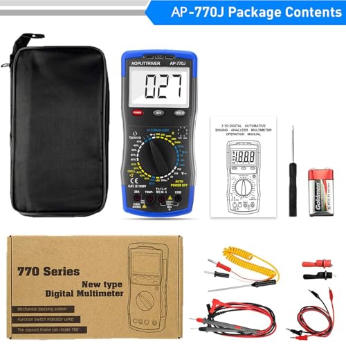 Digital Multimeter AP-770J Automotive Multimeter Engine Analyser Manual Ranging NCV Multi Tester Measure Voltage/Current/Resistance/Temp/RPM/Dwell Angle with Data Hold+Backlight+Auto Off+℃/℉