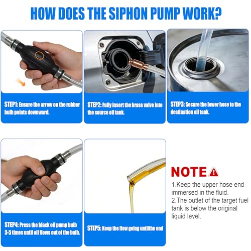 Fuel Transfer Pump, Gas Siphon Pump for Gasoline, Manual Hand Gasoline Transfer Pump for Fuel, Oil, Diesel, Water, Liquid, Fluid with 10 Ft PVC Siphon Hose, Brass, Pinch Clips and Gloves(15mm)